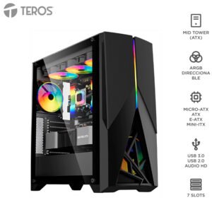 case gamer teros te1174n, mid tower, negro, usb 3.0, usb 2.0, audio.panel latera