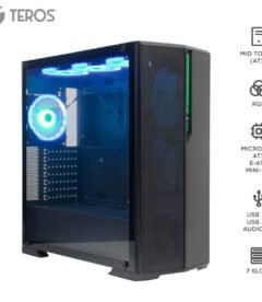 case gamer teros te1175n, mid tower, negro, usb 3.0, usb 2.0, audio.panel latera