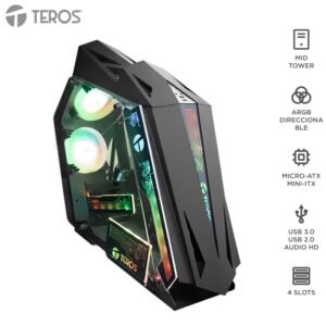 case gamer teros te-1314g, mid tower, usb 3.0 / usb 2.0, audio, ventilador argb, negr